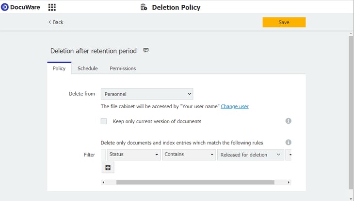 Deletion policy created in DocuWare Configuration - for documents released for deletion